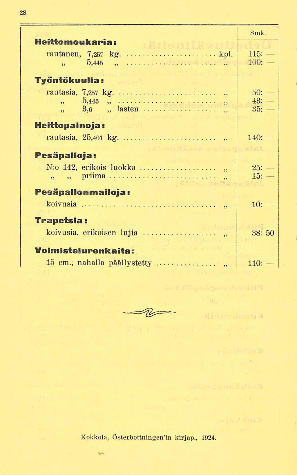 HeitfomoukaHa s Smk. rautatien, 7,257 5,445 kg kpl. 115: 100: Työntäkuulia: rautasia, 7,257 kg 50: 5,445 3,6 lasten 4:3.