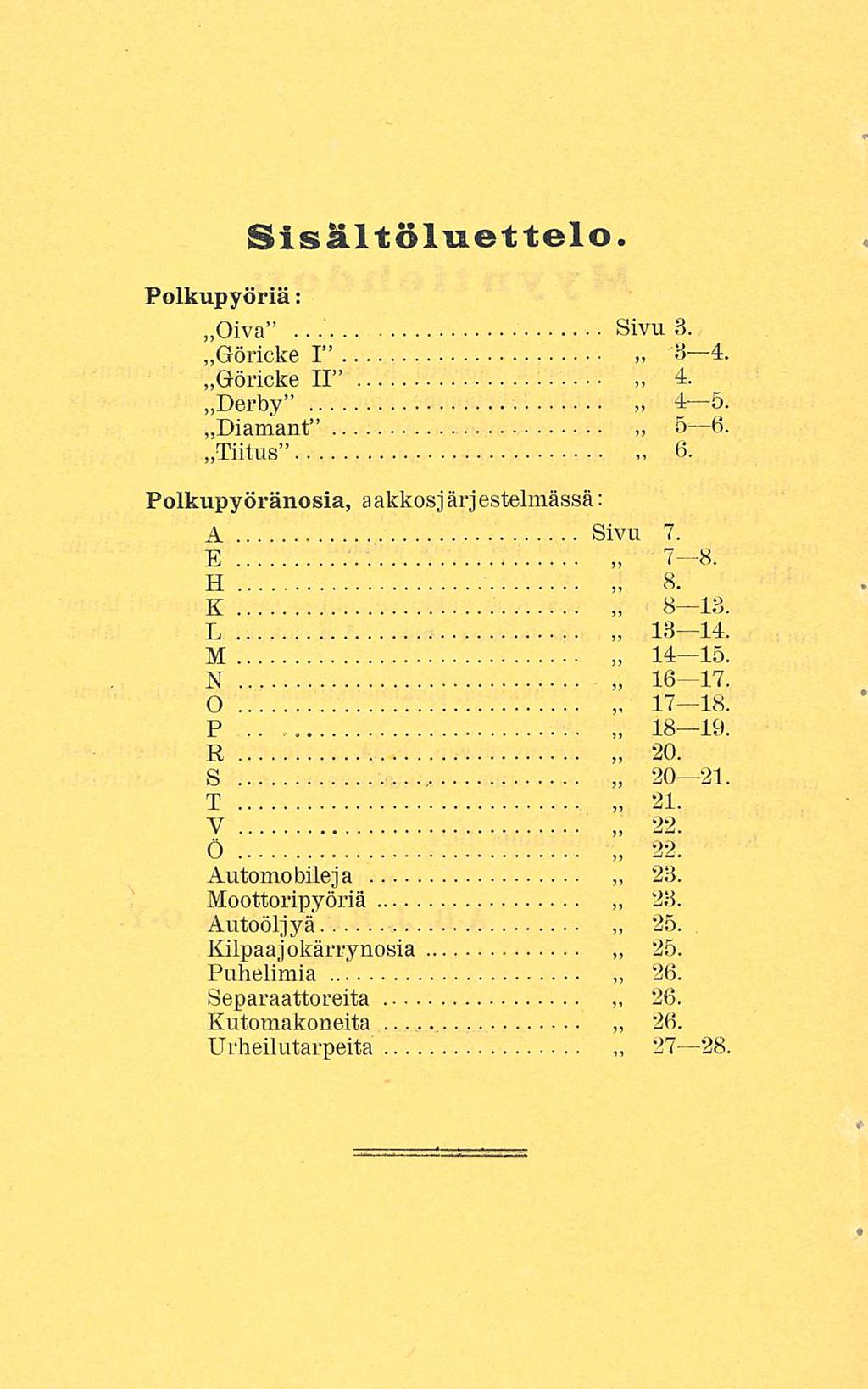 Sis alt oluet telo. Polkupyöriä: Oiva.. Sivu 3. Gröricke I 3 4. Gröricke II 4. Derby 4 5. Diamant 5 6. Tiitus 6. Polkupyöränosia, aakkosjärjestelmässä: A Sivu 7. E 7 B. H 8. K B l3. 13 14. L M N O P.