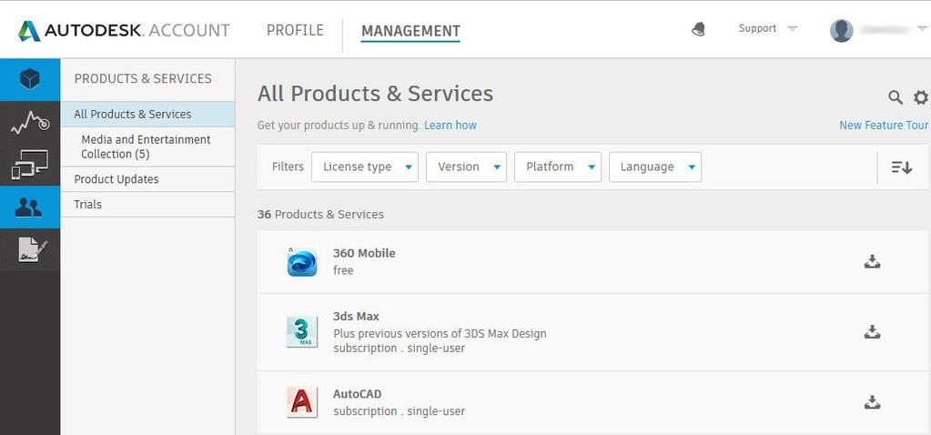 Käyttäjähallinnan avaaminen 1. Kirjaudu Autodesk-tilillesi osoitteessa accounts.autodesk.com. 2. Siirry Management-sivulle. 3.