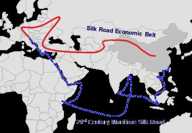 OBOR:n pääreitit One Belt = the Silk Road Economic Belt, vanhan