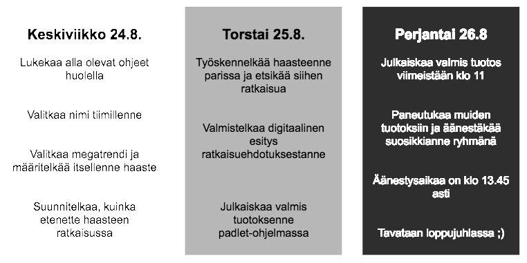 2. päivä: Aktiivivaihe Ryhmät ilmoittautuivat päivään sähköisesti: ryhmän nimi, jäsenet, puheenjohtaja ja megatrendi Päivä sujui ryhmissä omatoimisesti haasteita työstäen Digitaalinen tuotos saattoi