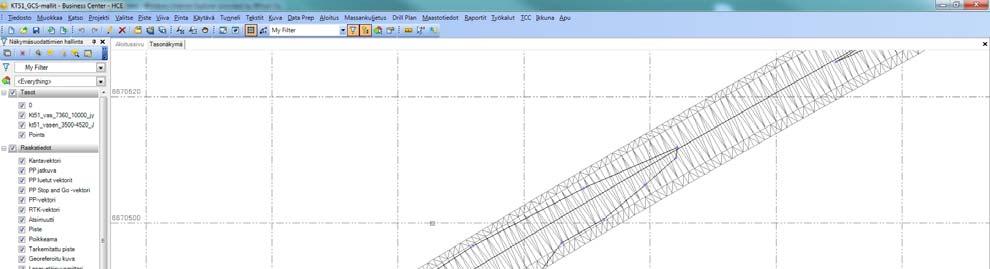 Kuva 25. Kt51-hankkeessa käytetty toteutusmalli jyrsinnän 3D-ohjaukseen (Trimble Business Center, Geotrim Oy).