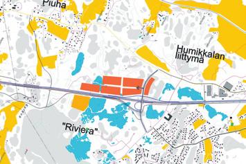 Asemakaavan mukainen maankäyttö vaihtoehdossa Sinivihreä 1. Oranssilla on osoitettu liike- ja työpaikka-alueet (K/T) ja keltaisella Rivieran alueen matkailua palvelevien rakennusten korttelialue (RM).