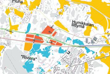 Oranssilla on alustavasti hahmoteltu liike- ja työpaikka -alueet ja keltaisella Rivieran alueen matkailua palvelevien rakennusten korttelialue. Taulukko 5.
