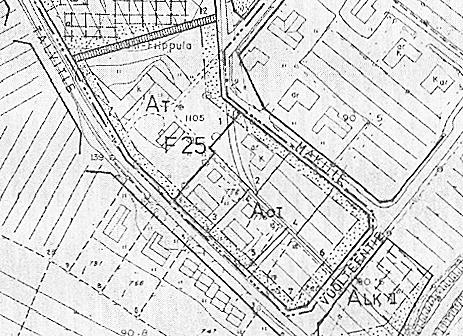 1978 vahvistettu asemakaava, jossa vanha tilakeskus on merkitty varauksella AT (maatilojen talouskeskusten korttelialue).