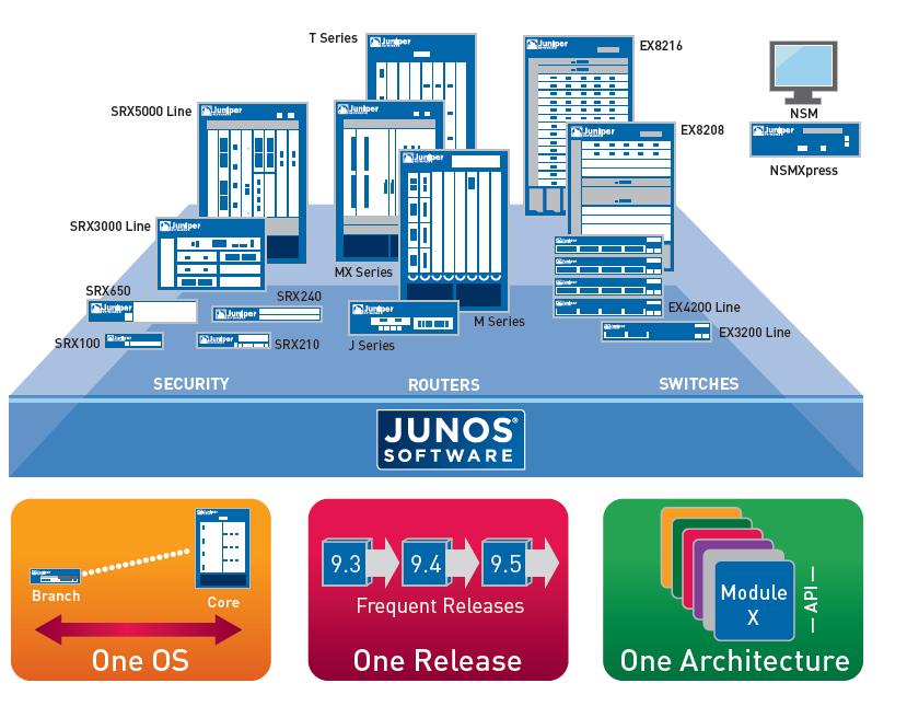 20 nä julkaisujunana, eli Juniper ei kopioi tai käytä uudelleen koodia tehdäkseen erilaisia ominaisuuspaketteja (Juniper Networks 2009c). KUVIO 6.