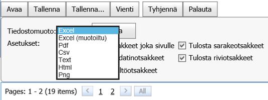 (dokumentti) Csv (tekstitiedosto) Text (teksti) Html (hyperteksti) Png (kuva).