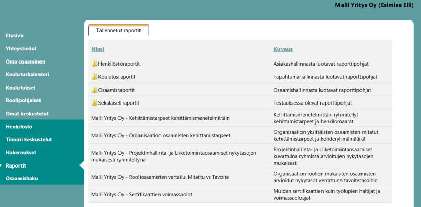 Raportointi, raporttien näkyvyys Hallintakäyttäjä / HR luo tarvittavat raporttipohjat ja määrittelee niille oikeudet näkyvyyteen/muokkaukseen.