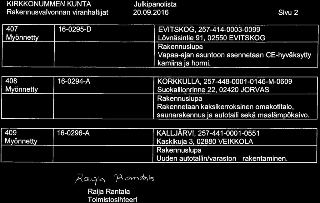 20.09.2016 Sivu 2 407 16-0295-D EVITSKOG, 257-414-0003-0099 Lövnäsintie 91, 02550 EVITSKOG Vapaa-ajan asuntoon asennetaan CE-hyväksytty kamiina ja hormi.