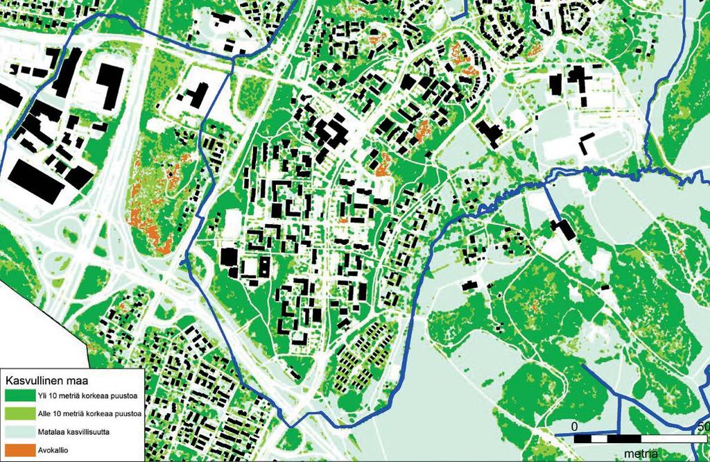 Rinnemetsä luo maisemakuvassa alueelle yhtenäisen vihreän reunan, jonka taakse keskustarakentaminen suurelta osin piiloutuu.