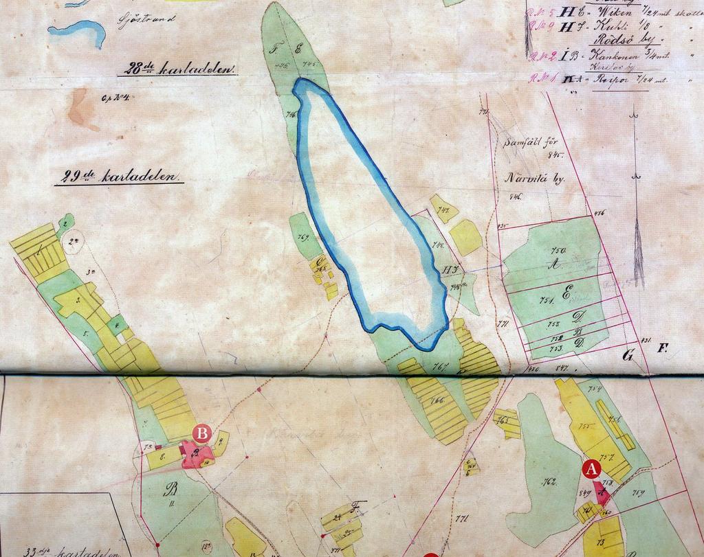 7 Vuosina 1824-1825 ja 1827-1827 mitatulle ja vuonna 1858 päivätylle tiluskartalle on merkitty järven etelä osan yli kulkeva tie, samoin Hakalahdesta (B) järven länsirannalle Tryckaren tilusten
