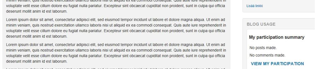 Blogin toiminnot Kirjoita blogikirjoitus. Opettaja voi katsella opiskelijoiden osallistumista (kirjoitusten ja kommenttien määrä) taulukossa.