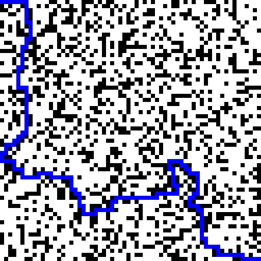 Kuva 4. Harvan alustamisen arvolla 0.7 generoitu 64x64-sokkelo, jonka kelpoisuusarvo (sinisen reitin pituus ruutuina) on 180.