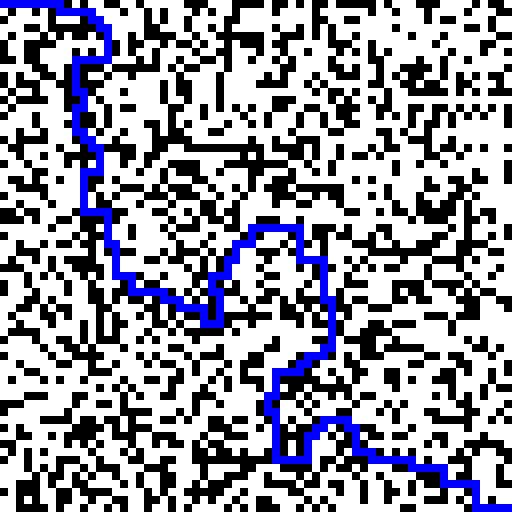 65 ja kuvan 6 sokkelon generoimisessa vastaava todennäköisyys oli 0.6. Näissä sokkeloissa on huomattavissa mutkitteleva reitti, joka pyrkii seuraamaan sokkelon diagonaalia.