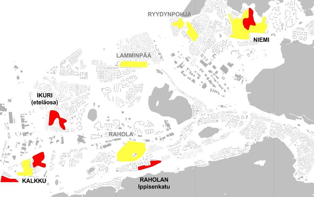 KELTAISET ALUEET ALUEET, JOTKA OLI OSOITETTU YLEISKAAVASSA 1988 KAAVAMÄÄRÄYKSELLÄ JÄLLEENRAKENNUSKAUDEN ALUE TAI ALUE, JONKA LUONNE SÄILYTETÄÄN (AAKKULA), MUTTA JOILLA PALJON ARVOJA ON MENETETTY.