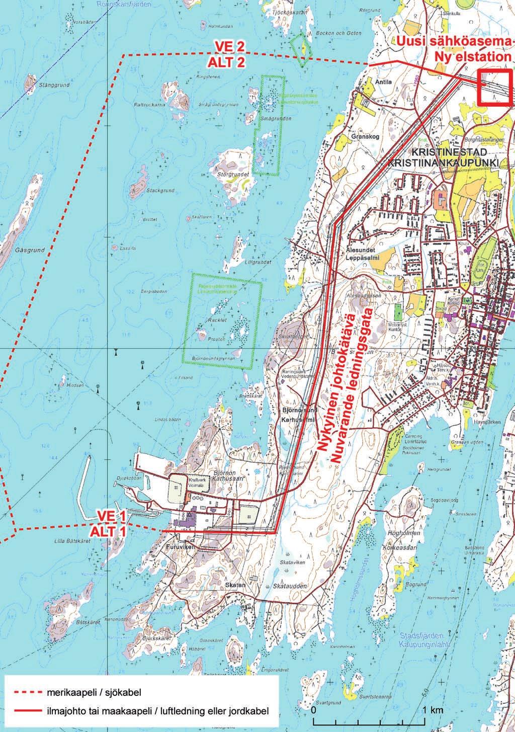 Kuva 6 5. Suunnitelmakartta vaihtoehtoisista sähkönsiirtoreiteistä sähköasemalle.