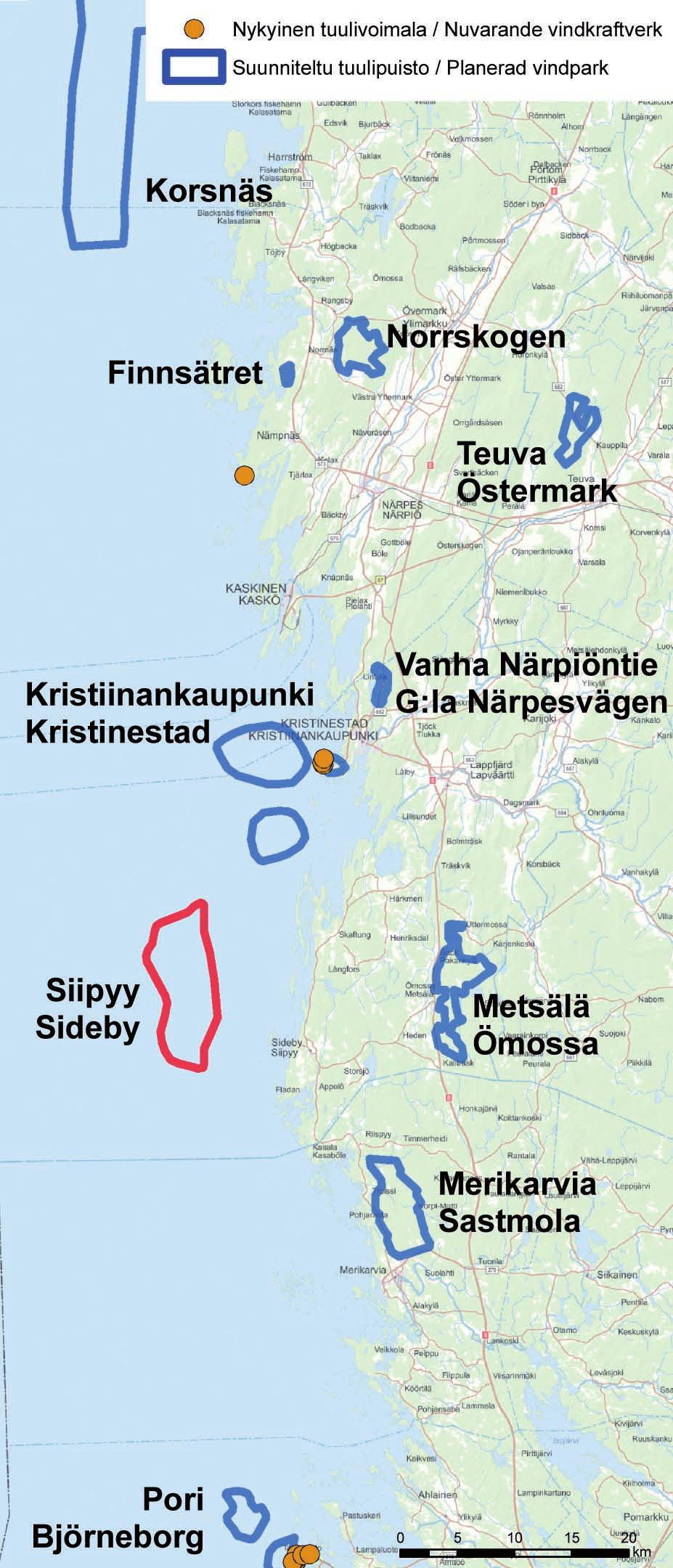 6.7 Muut lähiseudun tuulivoimalaitoshankkeet Meneillään olevat muut tuulivoimahankkeet lähialueella: Kristiinankaupungin edustan merituulivoimapuisto (PVO- Innopower, YVA-selostuksen mukainen