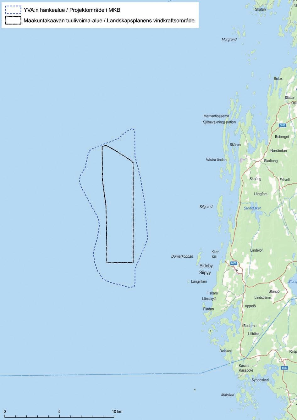 Kuva 3 1. Tuulivoimapuiston hankealue (sininen rajaus) sekä maakuntakaavan tuulivoimatuotantoon osoitettu aluerajaus. Figur 3-1.