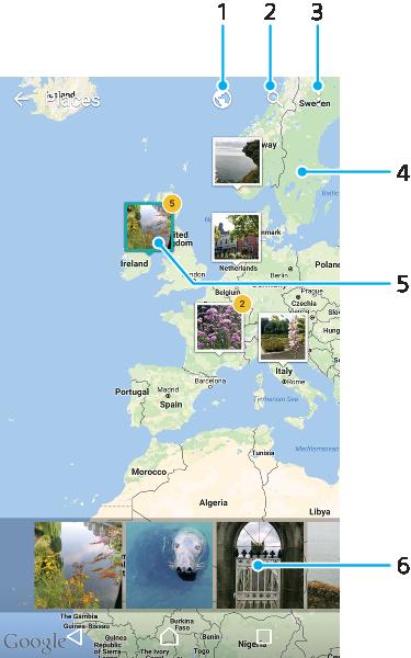 1 Napauta tätä, jos haluat tarkastella paikkamerkinnöillä merkittyjä valokuvia maapallonäkymässä 2 Paikan haku kartalta 3 Napauta tätä, jos haluat tuoda valikkovaihtoehdot näkyviin 4 Zoomaa