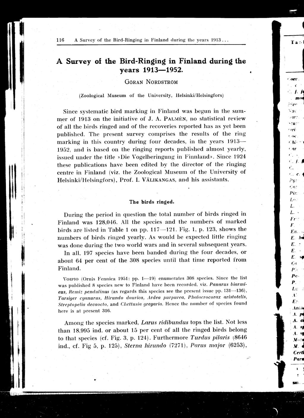 116 A Survey of the Bird-Ringing in Finland (luring the years 1913... A Survey of the Bird-Ringing in Finland during the years 1913-1952.