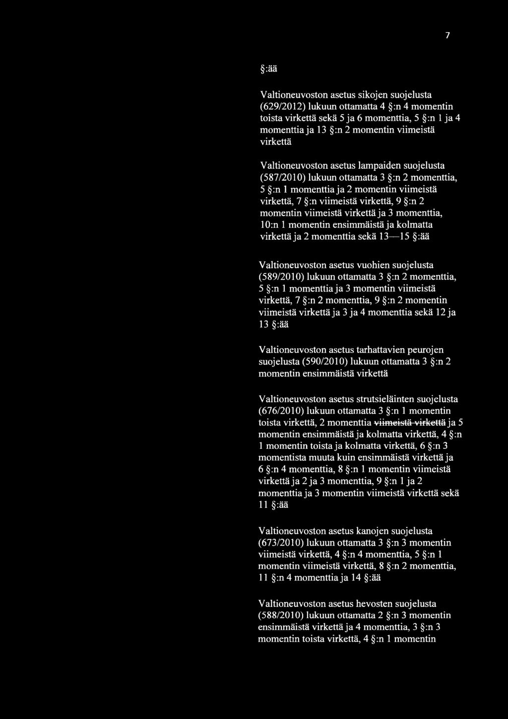 virkettä ja 3 momenttia, 10:n 1 momentin ensimmäistä ja kolmatta virkettä ja 2 momenttia sekä 13 15 :ää Valtioneuvoston asetus vuohien suojelusta (589/2010) lukuun ottamatta 3 :n 2 momenttia, 5 :n 1