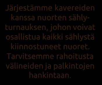 Tarvitsemme rahoitusta välineiden ja palkintojen hankintaan.