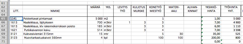 34 5.3 Ohjelman toiminta Aluksi muodostetaan tarjouksen määräluettelon mukaiset litterat ja nimikkeet rakennemäärineen laskenta-välilehdelle.