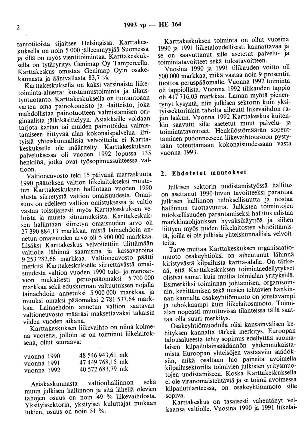 2 1993 vp - HE 164 tantotiloista SIJaitsee Helsingissä. Karttakeskuksella on noin 5 000 jälleenmyyjää Suomessa ja sillä on myös vientitoimintaa.