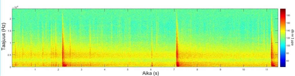 Tämä johtuu pohjan aiheuttamasta heijastumasta. Kuva 42. Mittaustulosten vertailu NOISE2-asemalla (kaksi identtistä hydrofonia asennettu kahdelle eri syvyydelle).