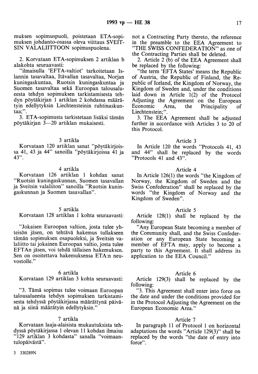 1993 vp - HE 38 17 muksen sopimuspuoli, poistetaan ETA-sopimuksen johdanto-osassa oleva viittaus SVEIT SIN V ALALIITTOON sopimuspuolena. 2.