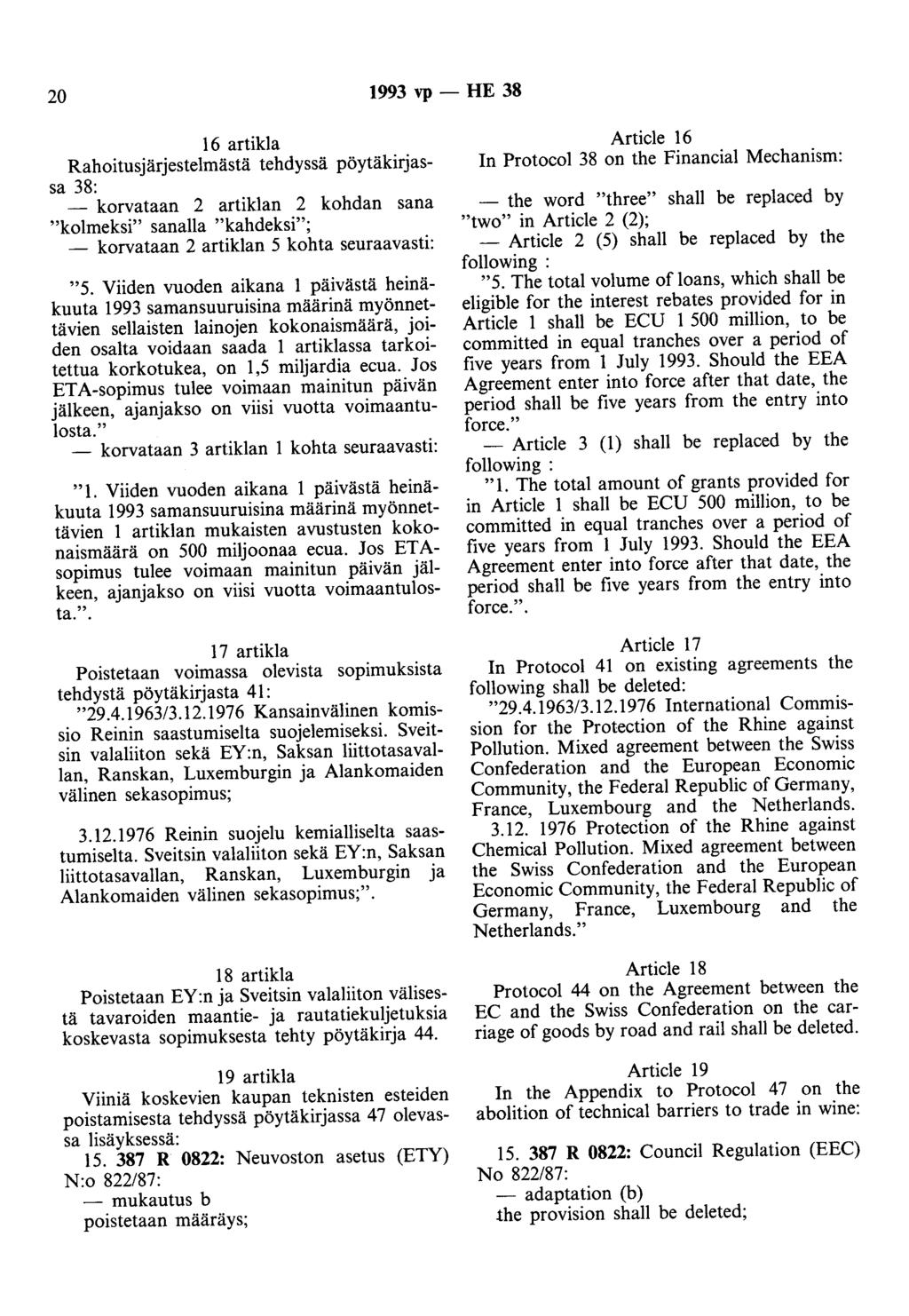20 1993 vp - HE 38 16 artikla Rahoitusjärjestelmästä tehdyssä pöytäkirjassa 38: - korvataan 2 artiklan 2 kohdan sana "kolmeksi" sanalla "kahdeksi"; - korvataan 2 artiklan 5 kohta seuraavasti: "5.