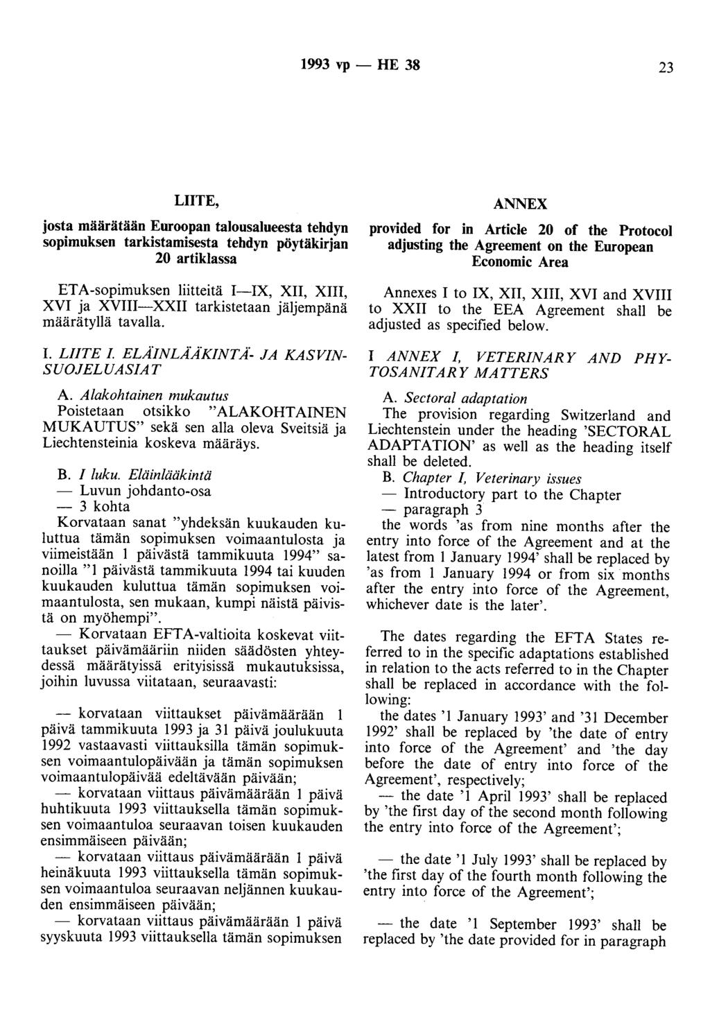 1993 vp - HE 38 23 LIITE, josta määrätään Euroopan talousalueesta tehdyn sopimuksen tarkistamisesta tehdyn pöytäkirjan 20 artiklassa ETA-sopimuksen liitteitä I-IX, XII, XIII, XVI ja XVIII-XXII
