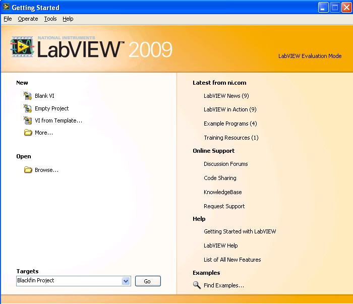 48 (59) 2. Ruutuun aukeaa LabVIEW:n aloitusvalikko.