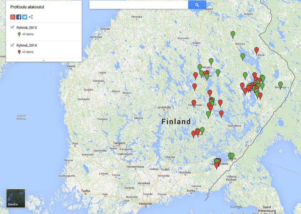 Kuva 1: Prokoulu-tutkimuksen koulut. Vihreällä merkityt koulut ovat koeryhmää, punaisella merkityt kontrolliryhmää. Kuva Marika Peltosen Prokoulu-esitelmästä (2014). 2.