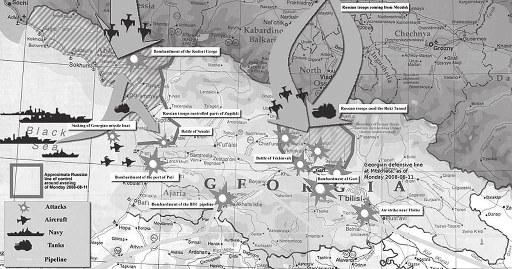 Georgian tapahtumat ensimmäisten vuorokausien aikana (www.wikipedia.org) kohdealueiden ja lähestymissuuntien valinnassa.