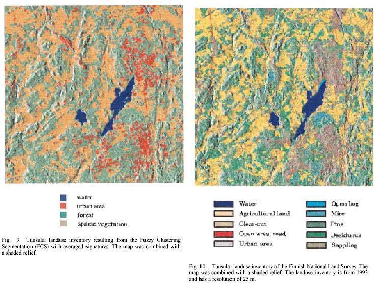 Kuva 5. Yllä luokittelutulos sumealla ryhmittelyllä Tuusulan testialueelta ja samalta alueelta oleva maankäyttökartta. Alla on luokittelun virhematriisi. (Strozzi et al.