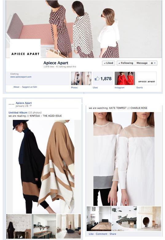 35 Kuva 14. Apiece Apart Facebook (Facebook 2014). Apiece Apart yrityksen Facebook-sivut tukevat yrityksen yleistä visuaalista ilmettä.