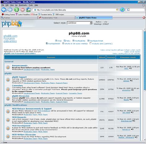 37 4.3.2. SubSilveristä NoseBleediin PhpBB:n oletusarvoinen tyyli on nimeltään subsilver, ja kyseinen tyyli on phpbb:n omaisuutta.