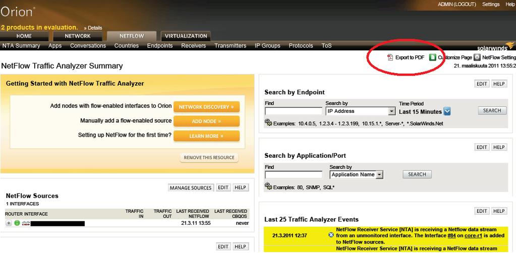 51 KUVIO 34. PDF-painike Kokonaisuutena SolarWindsin Orion NetFlow Traffic Analyzer on monipuolinen NetFlow-datan analysointiin tarkoitettu sovellus.