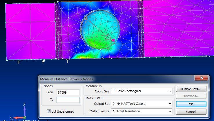 54 Tarkempaan tulosten tarkasteluun käytettiin Femap-ohjelman työkaluista löytyvää measure distance between nodes toimintoa, jolla saatiin prosentuaalinen muodonmuutos aikaisempaan kahden