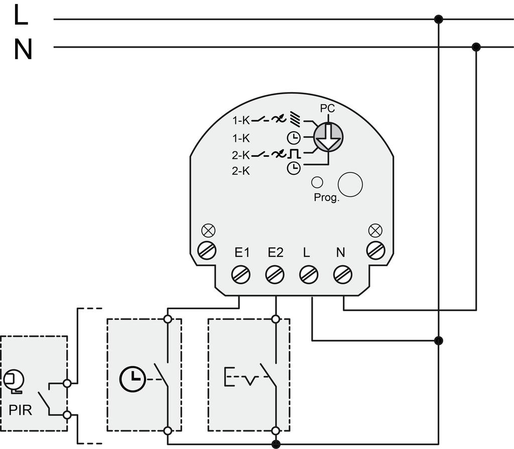 Kuva 4: Liitäntäesimerkki kytkimellä, ajastimella tai liikeilmaisimella