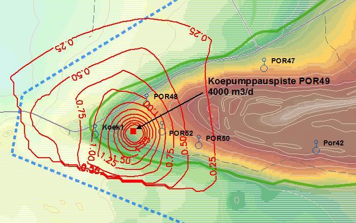 havaintoputkessa POR52 noin 0,4 metriä ja noin 350 metrin etäisyydellä sijaitsevassa pisteessä POR50 noin 0,3 metriä.