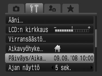 14 Valmistelut Aloitusopas Päiväyksen ja kellonajan määrittäminen Päiväys/Aika-asetuksen valikko tulee näyttöön, kun kameraan kytketään ensimmäisen kerran virta.