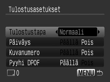 Päiväys- ja Kuvanumero-asetukset muuttuvat Tulostustapaasetuksen mukaan seuraavasti: - [Luettelokuva]: [Päiväys]- ja [Kuvanumero]-vaihtoehtojen arvo ei voi olla [Päällä] samanaikaisesti.