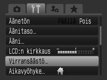 216 Kameran säädöt Virransäästötoiminto Kamerassa on virransäästötoiminto, joka kytkee virran tai nestekidenäytön automaattisesti pois päältä.