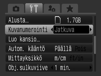 221 Kuvanumeron muuttaminen Ottamillesi kuville määritetään automaattisesti kuvanumerot. Voit valita, miten kuvanumero määritetään. Jatkuva Aut.