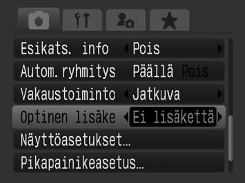 263 Optinen lisäke -asetukset Asetukset kuvattaessa [Vakaustoiminto]-tilassa (s. 85) erikseen myytävä telelisäke TC-DC58D kiinnitettynä. 1 Valitse [Optinen lisäke]. 1. Paina MENU-painiketta. 2.