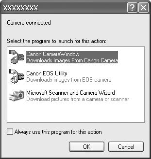 30 Kuvien lataaminen tietokoneeseen Aloitusopas 4. Avaa CameraWindow. Windows Valitse [Canon CameraWindow] ja valitse [OK].