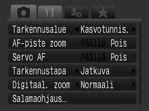 48 Kuvaus-, Käyttö-, Tulostus-, Asetukset-, Minun kameranija My Menu -valikot (MENU-painike) Näiden valikoiden avulla voit määrittää mieleisesi kuvaus-, toisto- ja tulostusasetukset.