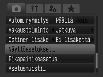 66 Näyttötietojen mukauttaminen Käytettävissä olevat kuvaustilat s. 298 Voit valita, mitkä nestekidenäytön näyttötilat otetaan käyttöön, kun DISP.